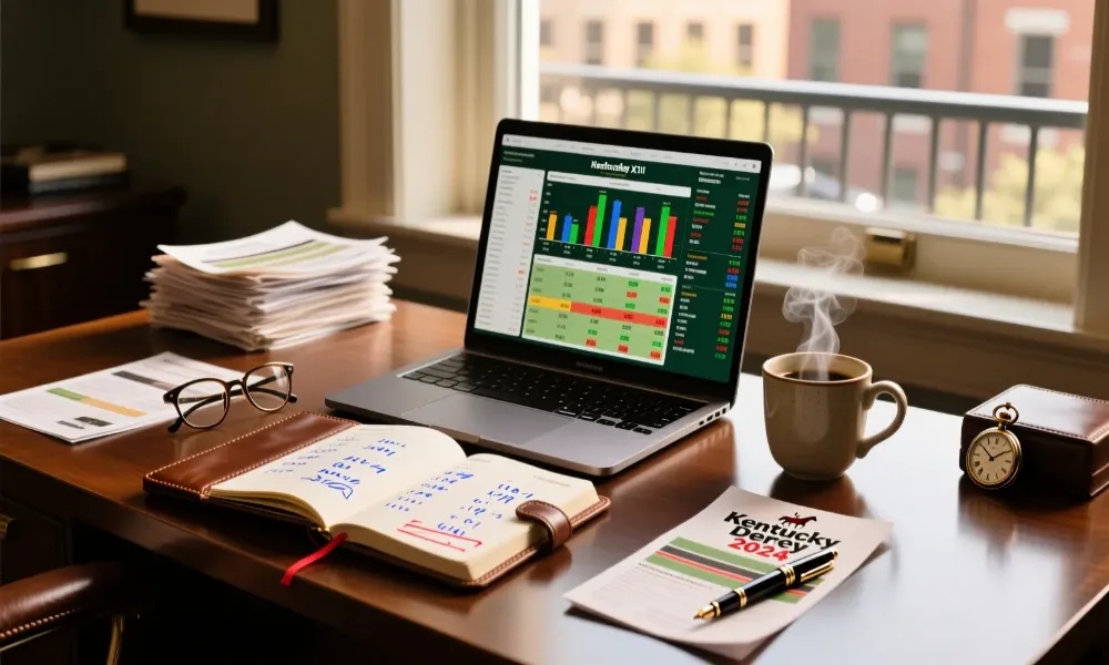 Espacio de trabajo para análisis de apuestas en carreras de caballos con portátil libreta y guía de forma