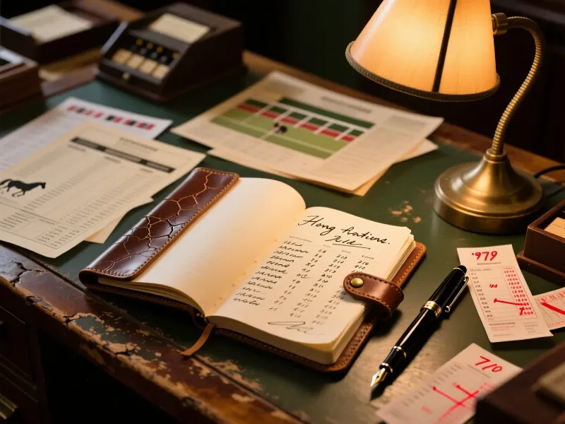 Cuaderno vintage con estadísticas de carreras de caballos y datos de rendimiento escritos a mano sobre escritorio de madera