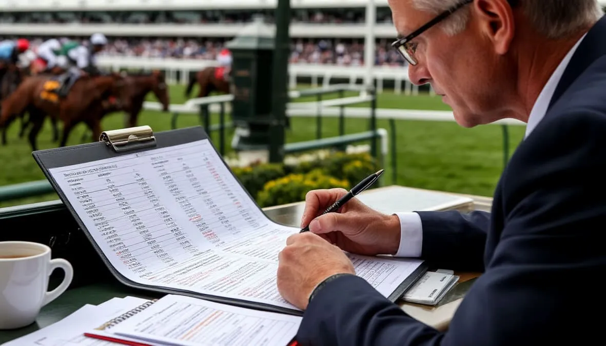 Apostador analizando un programa de carreras con bolígrafo y notas destacando selecciones