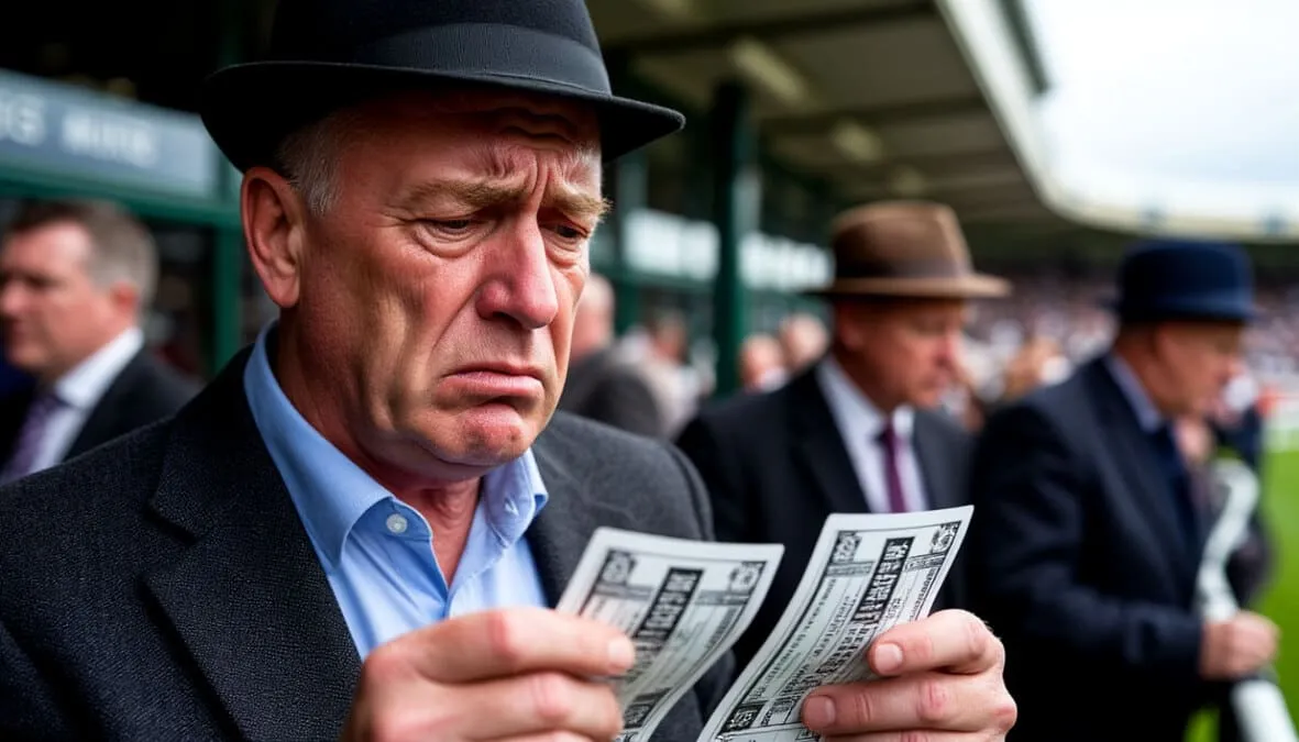 Apostador frustrado mirando boletos de apuesta perdedores en el hipódromo