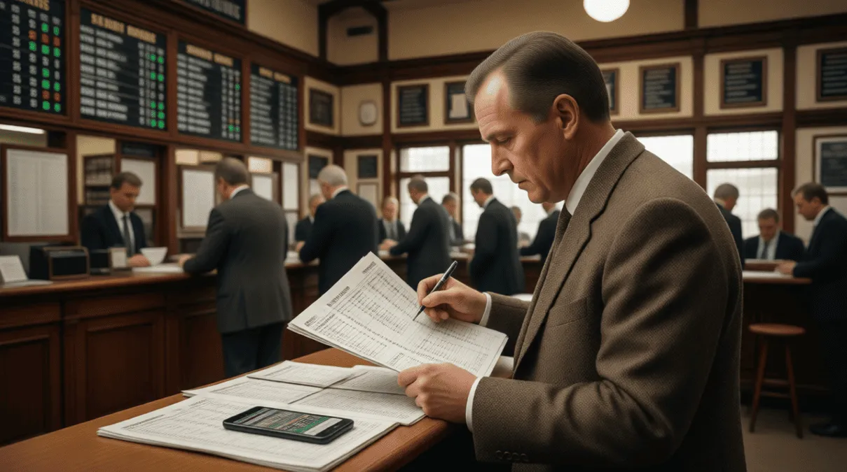 Apostador experimentado estudiando formularios de carreras y estadísticas en zona de apuestas de hipódromo británico