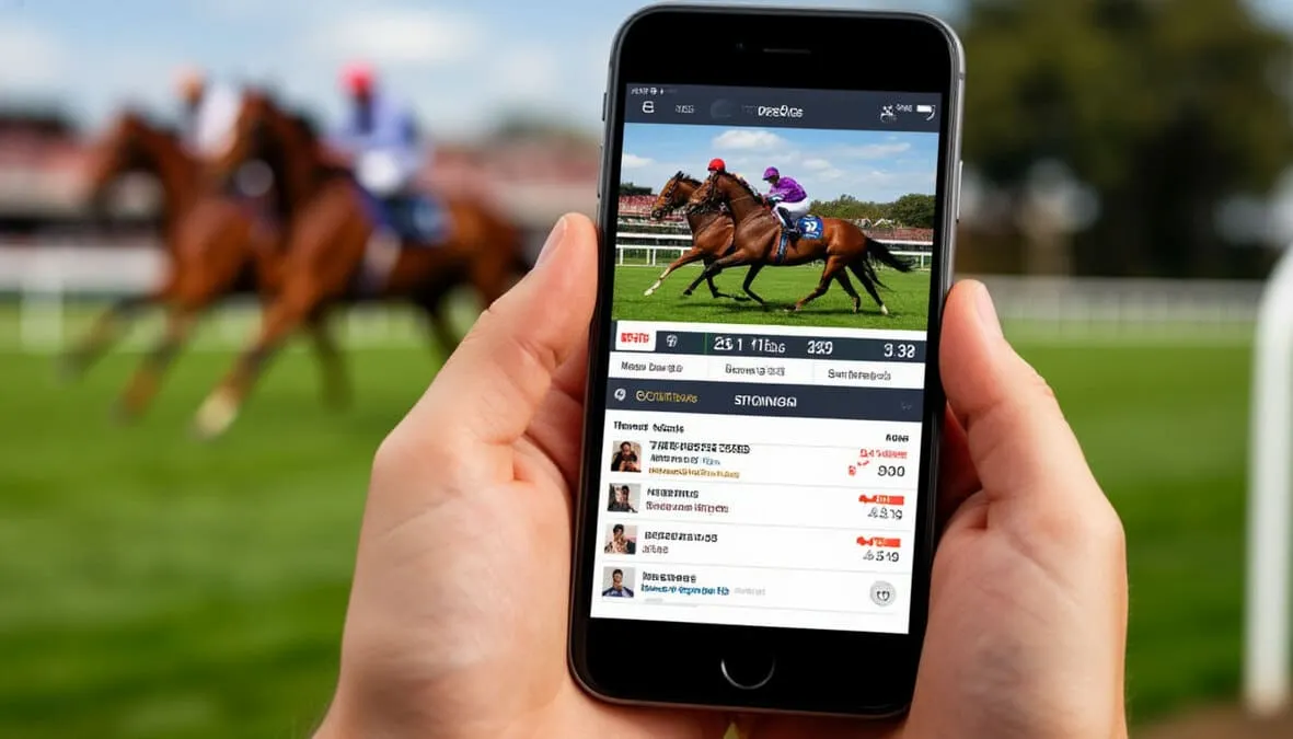 Smartphone mostrando aplicación móvil de apuestas hípicas con interfaz de carreras en vivo
