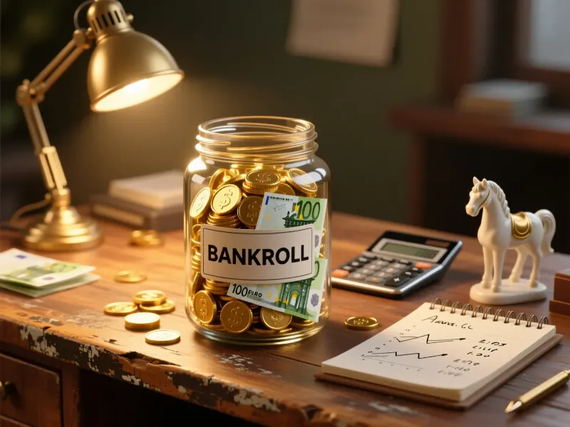 Tarro de cristal etiquetado como bankroll con monedas y billetes sobre escritorio organizado para gestión de apuestas