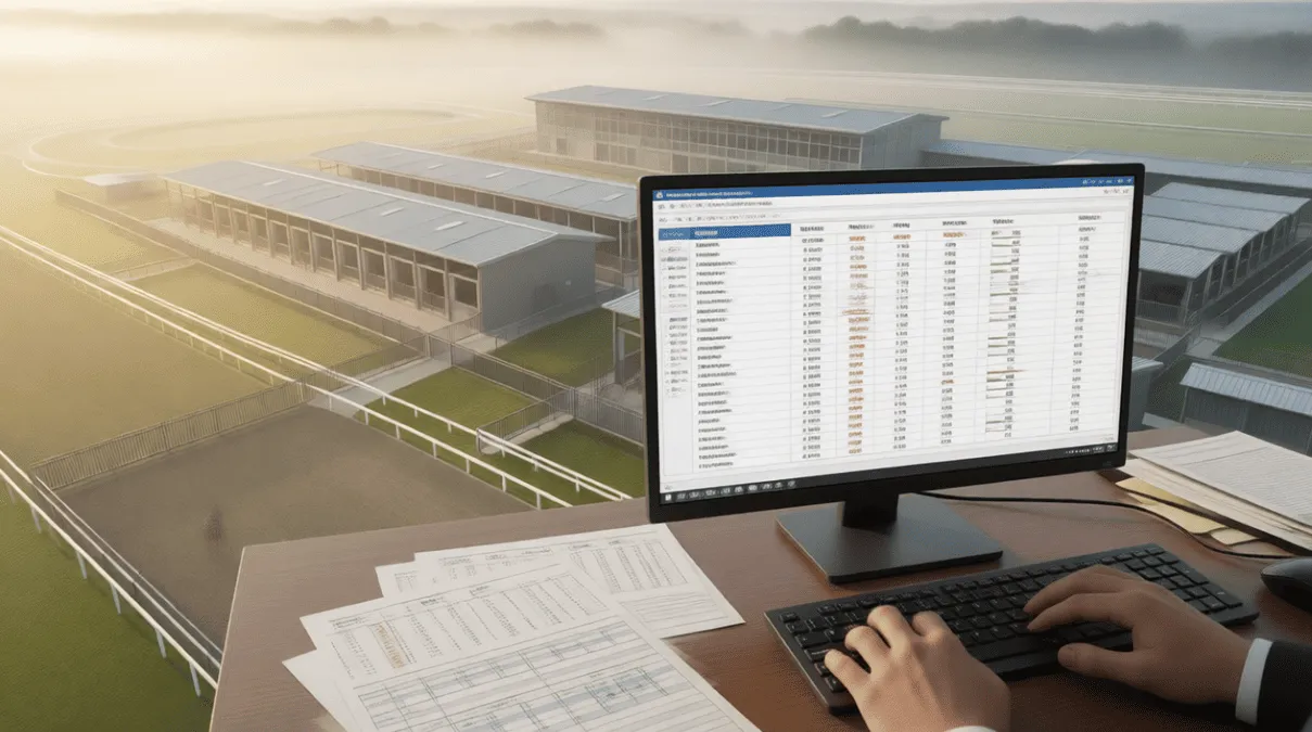 Pantalla de ordenador mostrando base de datos con estadísticas de entrenadores de caballos