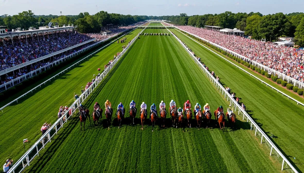 Vista aérea de la larga recta final del Belmont Stakes con caballos compitiendo en la distancia extrema