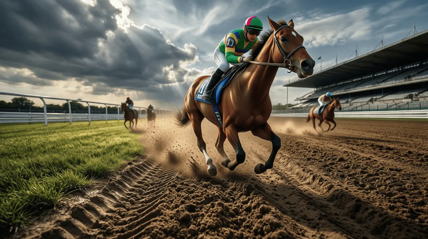 Caballo de carreras galopando sobre pista con terreno blando y barro salpicando