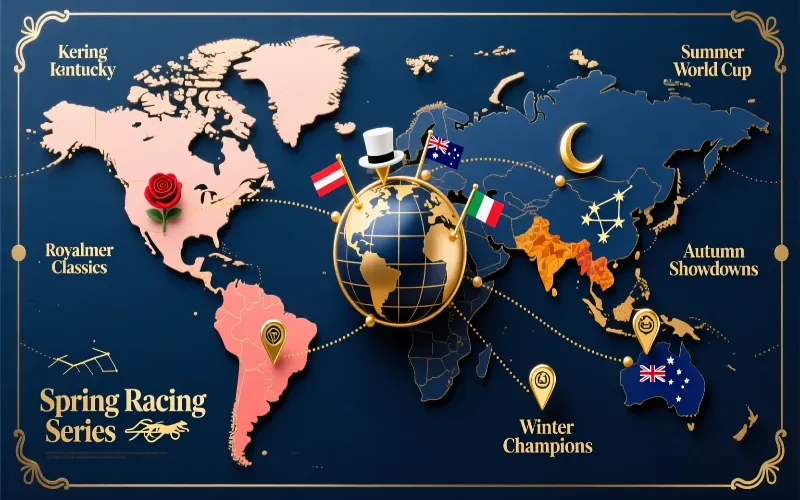 Mapa mundial conceptual del calendario de grandes carreras hípicas internacionales por temporadas