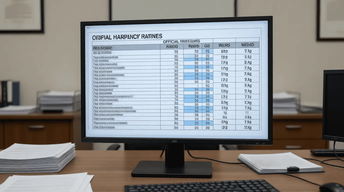 Tabla oficial de calificaciones de handicap mostrando caballos con diferentes ratings y pesos asignados