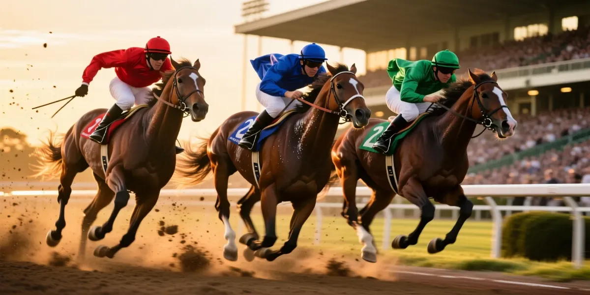 Emocionante final de carrera de caballos con tres pura sangre cruzando la meta para apuestas exacta y trifecta