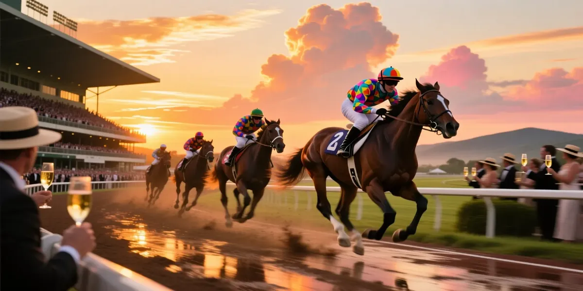 Hipódromo internacional con caballos de carreras al galope durante la puesta de sol dorada