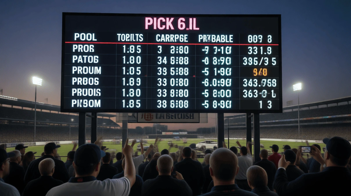 Pantalla de hipódromo mostrando pool acumulado de Pick 6 con carryover millonario