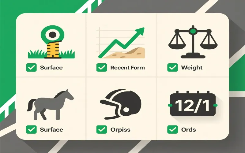 Checklist profesional de análisis para apuestas hípicas con iconos de distancia, superficie, forma reciente y cuotas