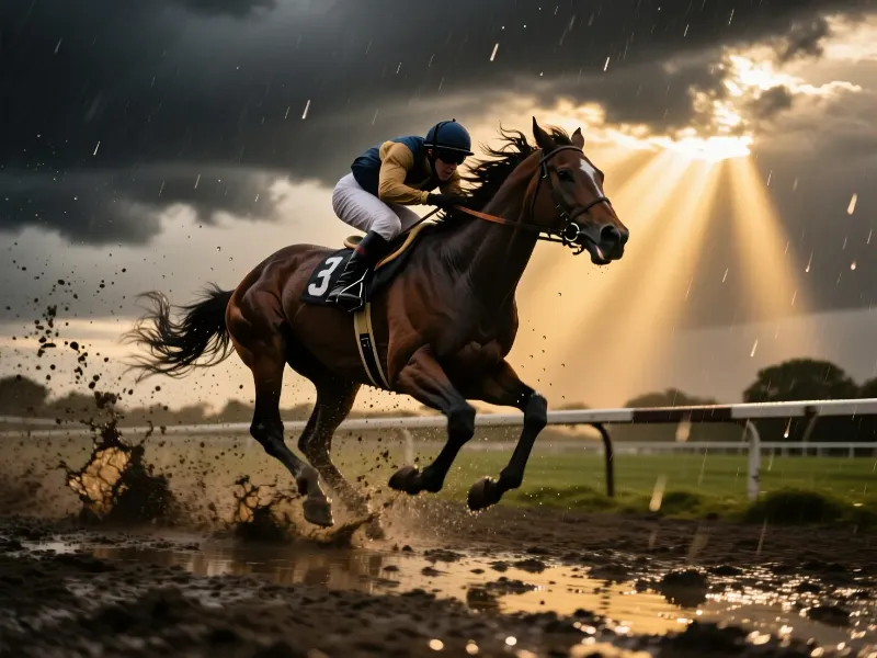 Caballo purasangre y jockey corriendo bajo la lluvia con salpicaduras de agua y pista embarrada en condiciones climáticas difíciles