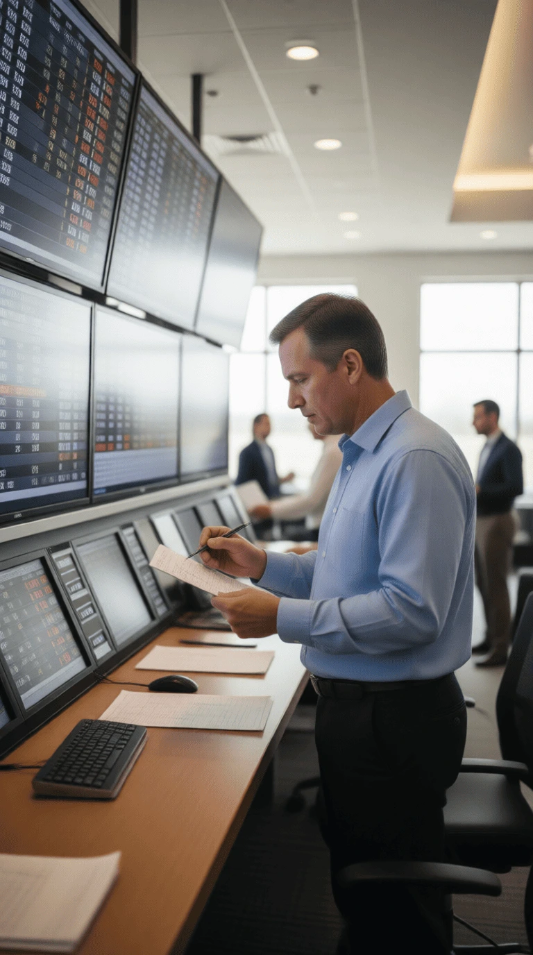 Apostador profesional analizando cuotas de carreras en pantallas múltiples de un hipódromo