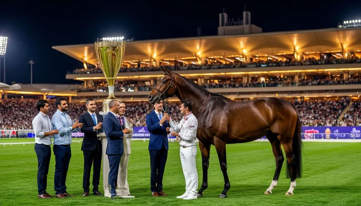 Ceremonia de entrega del trofeo del Dubai World Cup con el caballo ganador y conexiones