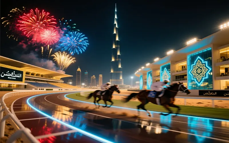 Dubai World Cup nocturna en Meydan con arquitectura futurista iluminada y skyline de Dubai