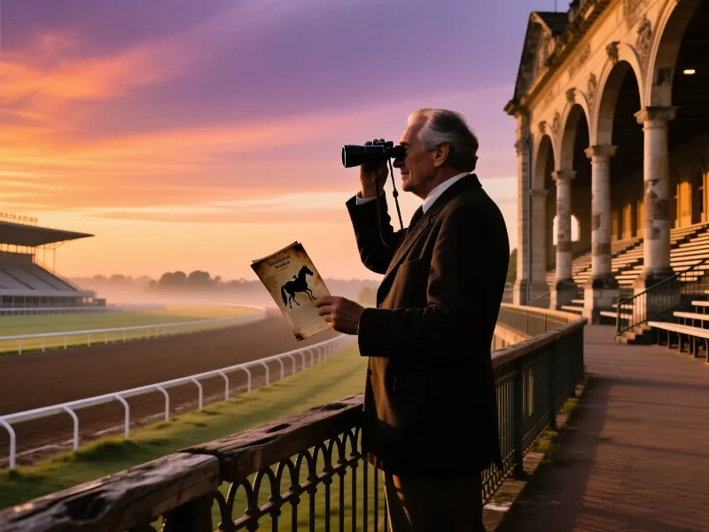 Silueta de handicapper experto contemplando la pista de carreras vacía al atardecer con programa de carreras y binoculares