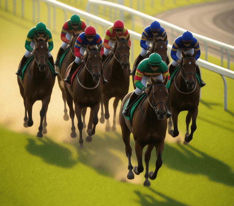 Grupo de caballos de carreras galopando juntos en pista de hierba con el favorito destacando al frente