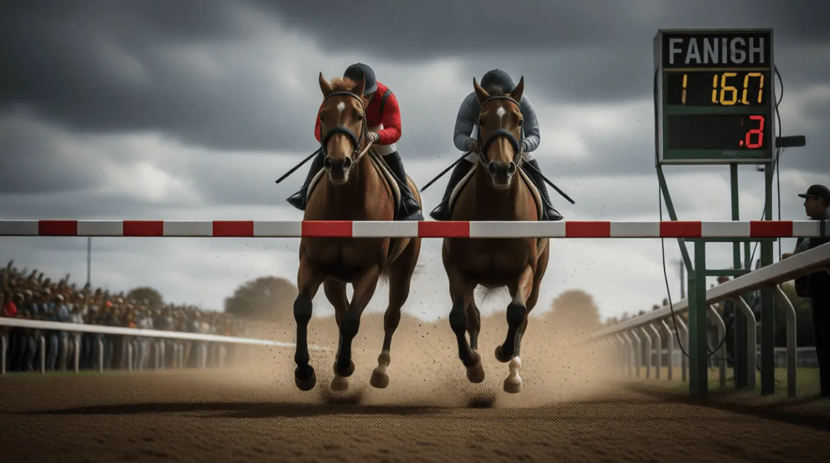 Foto finish de carrera de caballos mostrando dos competidores cruzando la meta con margen mínimo