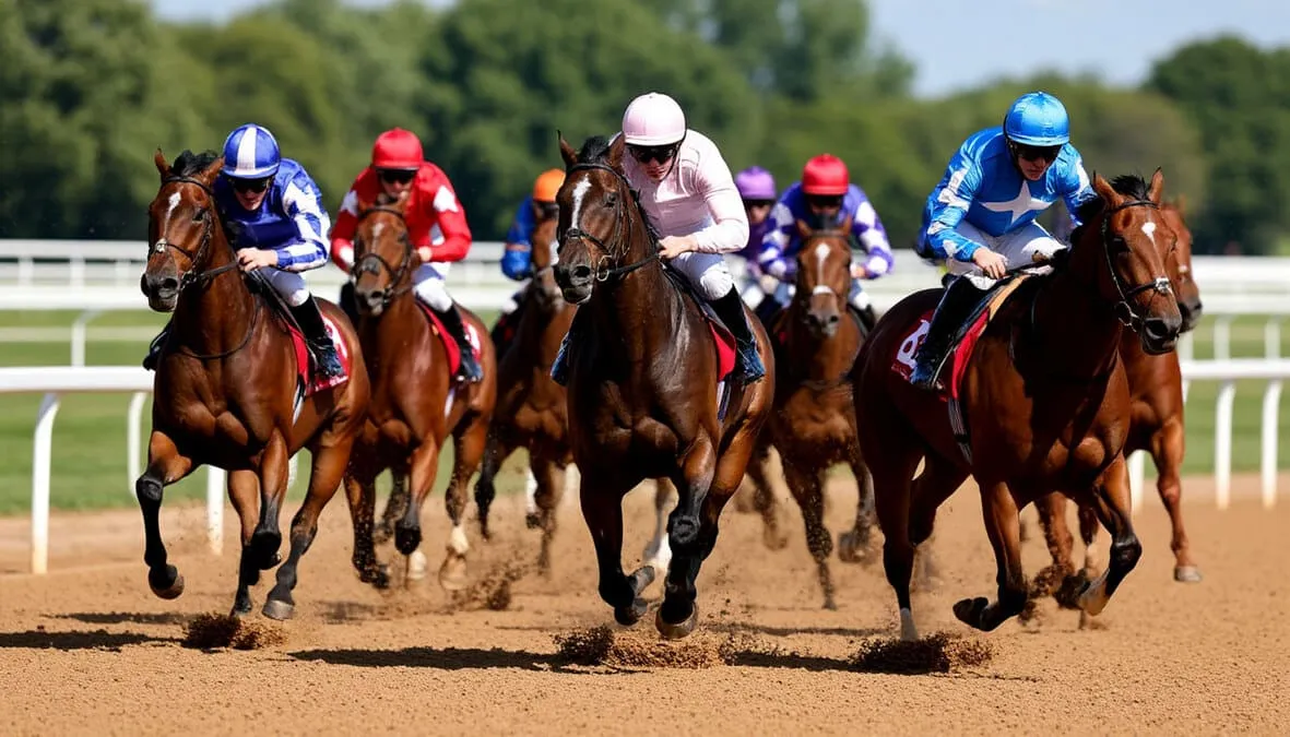 Caballos compitiendo en carrera de galope plano a alta velocidad en pista llana