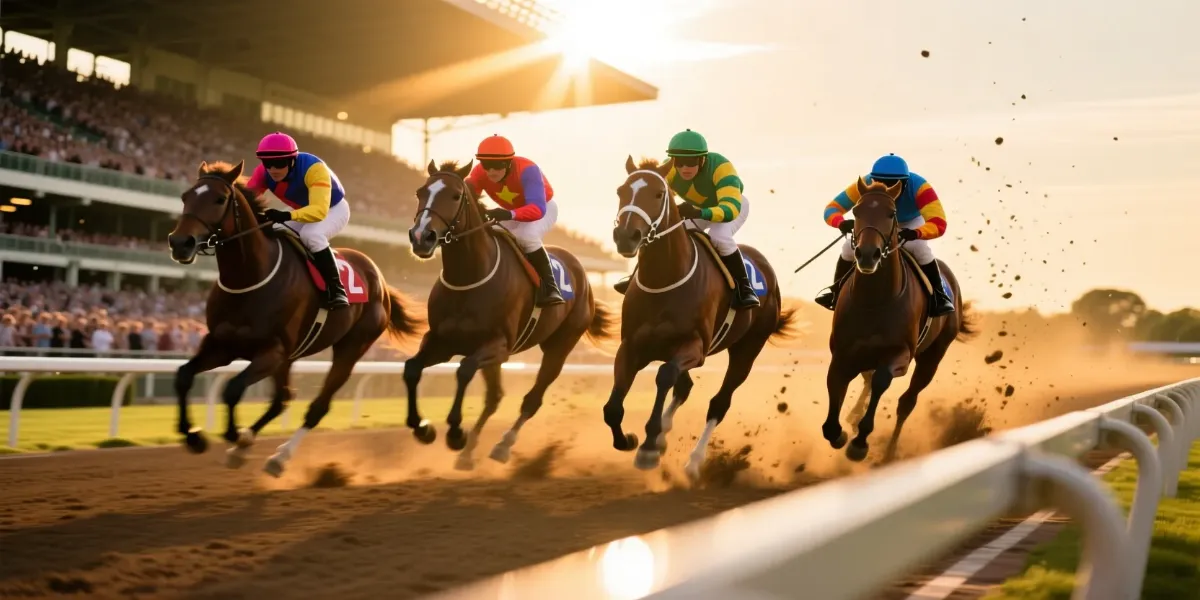 Carrera de caballos a toda velocidad en un hipódromo profesional con jockeys compitiendo intensamente