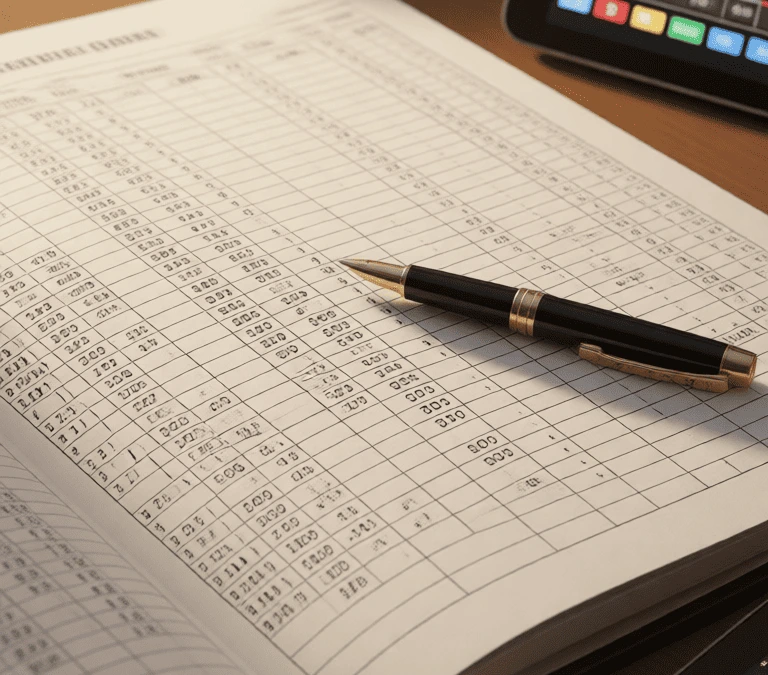 Escritorio organizado con libreta de apuestas abierta y bolígrafo mostrando gestión metódica de bankroll