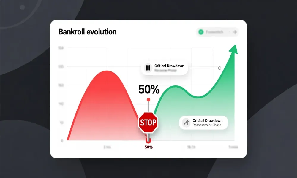 Gráfico de evolución del bankroll mostrando rachas perdedoras y recuperación con puntos de stop-loss marcados