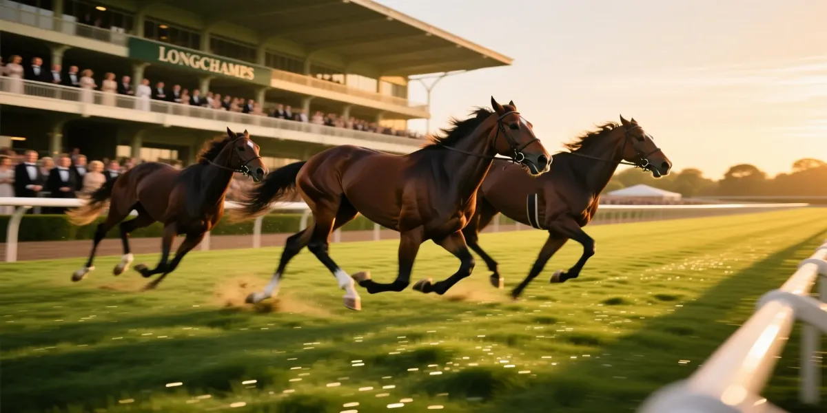 Carrera de caballos profesional en hipódromo de prestigio con purasangres galopando en pista de césped al atardecer