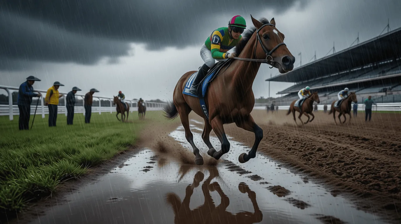 Hipódromo bajo lluvia con pista mojada y cielo nublado antes de carrera