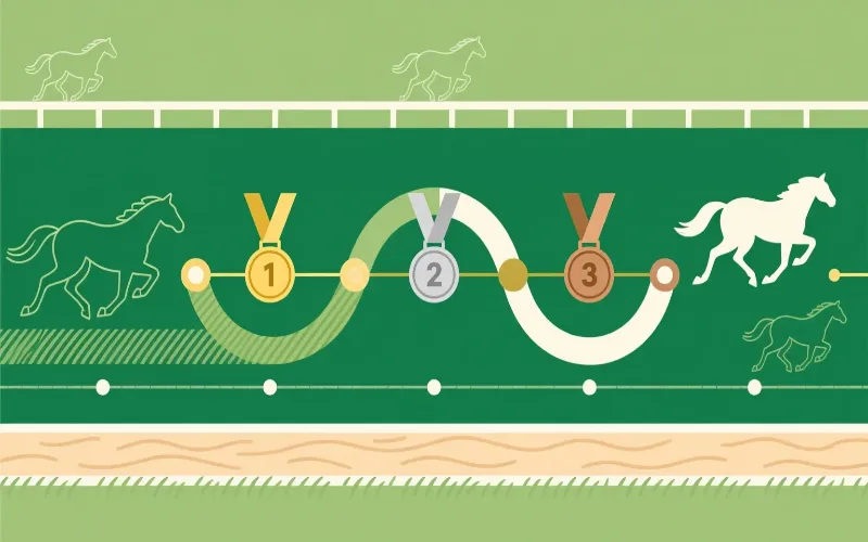 Línea temporal del historial de carreras de un caballo mostrando fechas, posiciones, superficies y distancias