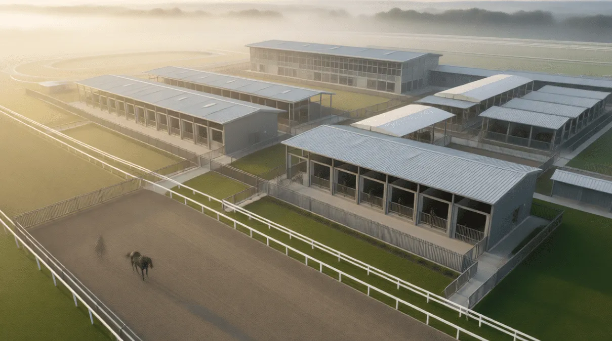 Instalaciones profesionales de entrenamiento ecuestre con pista de galope y establos modernos