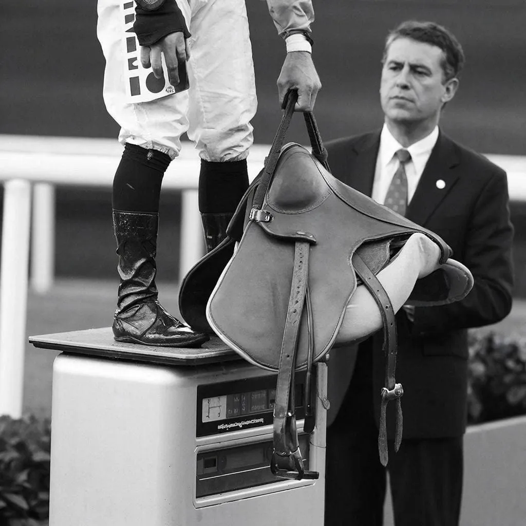 Jockey con sillín siendo pesado en báscula oficial antes de carrera de handicap