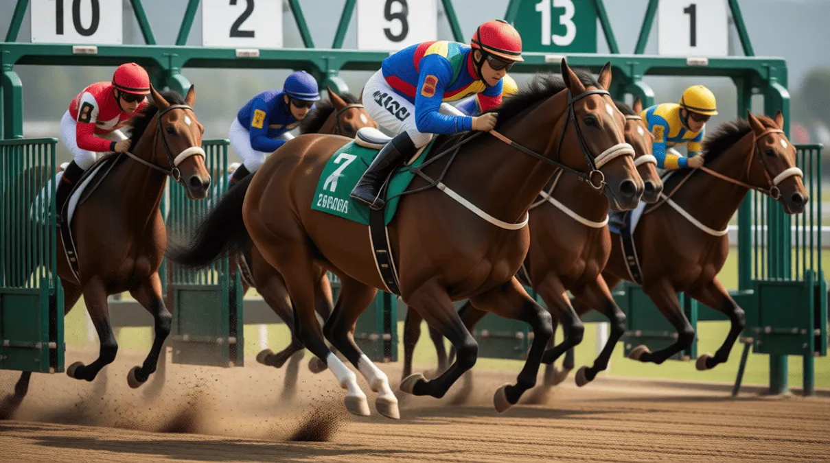 Grupo de jockeys y caballos saliendo de los cajones de partida en carrera de velocidad