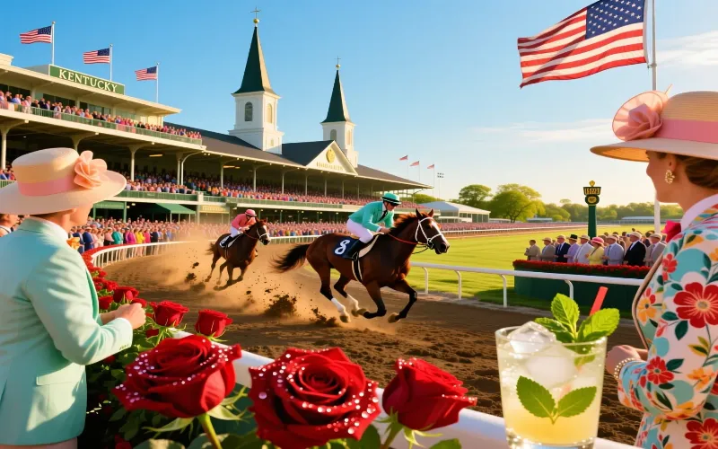 Kentucky Derby en Churchill Downs con las icónicas torres gemelas y espectadores con sombreros coloridos