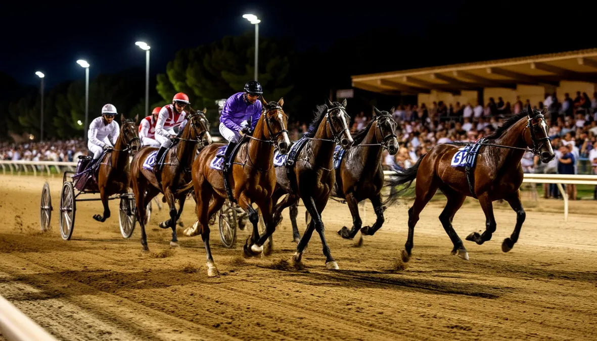 Vista nocturna de una carrera de trote en el Hipódromo de Manacor
