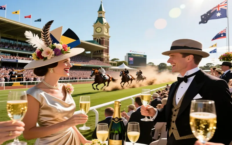 Melbourne Cup en Flemington con multitud celebrando y mujeres con sombreros elegantes de primavera