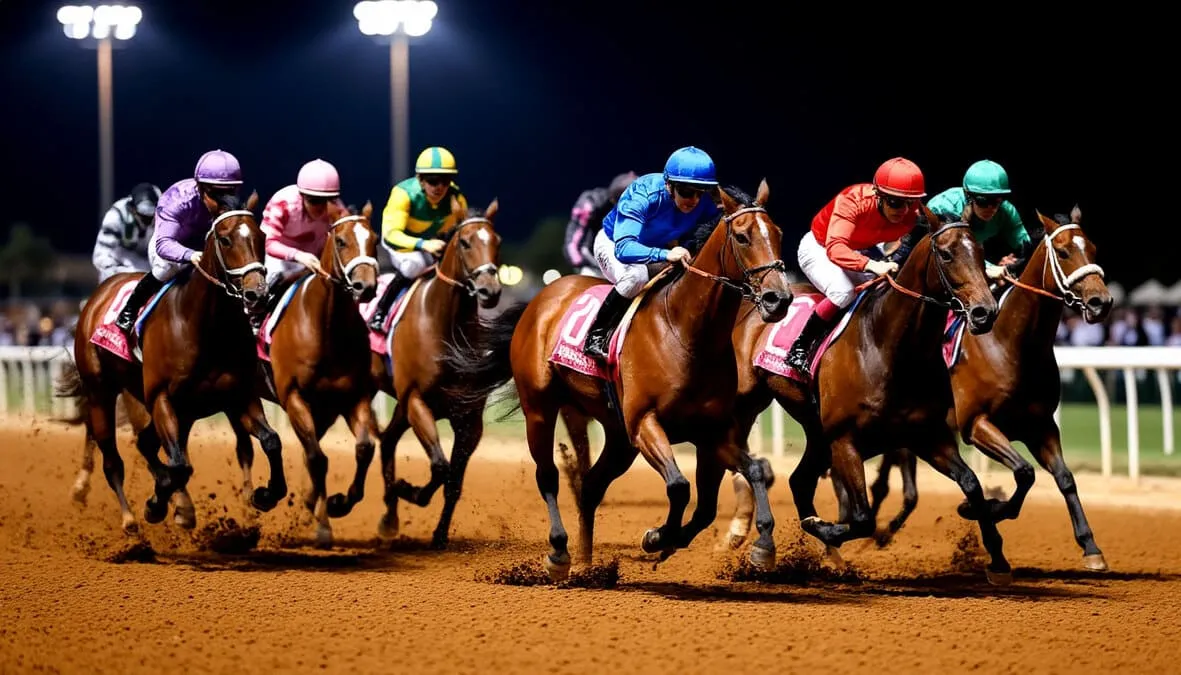 Caballos compitiendo en la pista de tierra de Meydan bajo las luces nocturnas