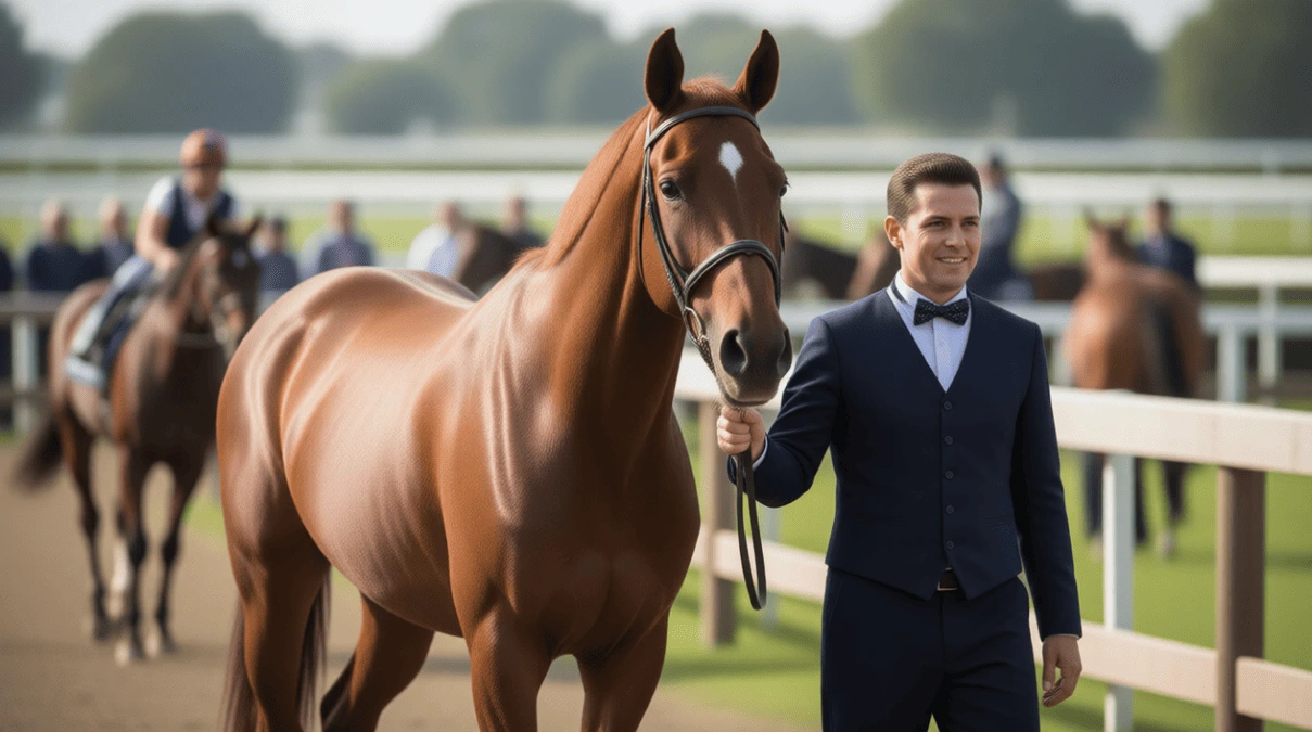Caballo purasangre siendo observado en el paddock antes de carrera mostrando condición física óptima