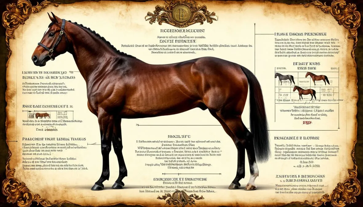 Documento de pedigree de caballo de carreras mostrando árbol genealógico con sementales famosos