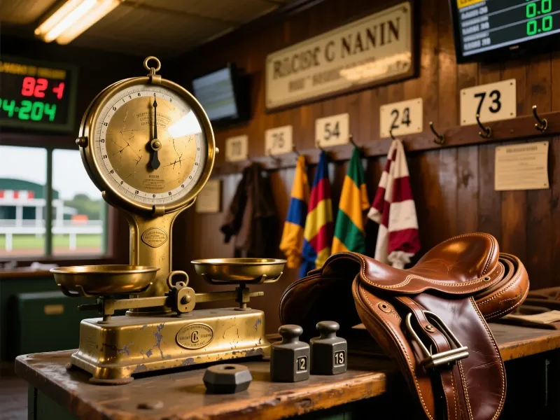 Balanza de latón profesional en sala de pesaje de jockeys con silla de montar y pesos de plomo en hipódromo