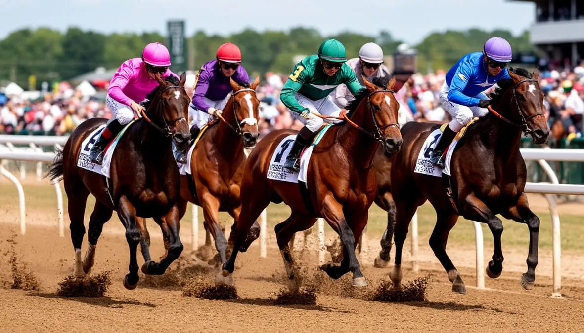 Caballos compitiendo en el Preakness Stakes en el hipódromo de Pimlico en Baltimore