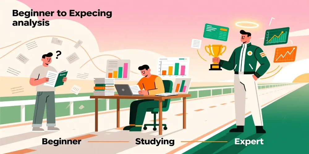 Camino de evolución de principiante a experto en análisis de carreras de caballos mostrando progreso y aprendizaje