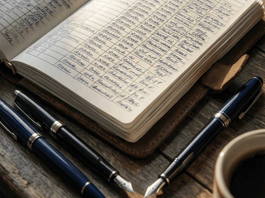 Cuaderno de notas con registros detallados de apuestas hípicas junto a bolígrafos sobre mesa de madera