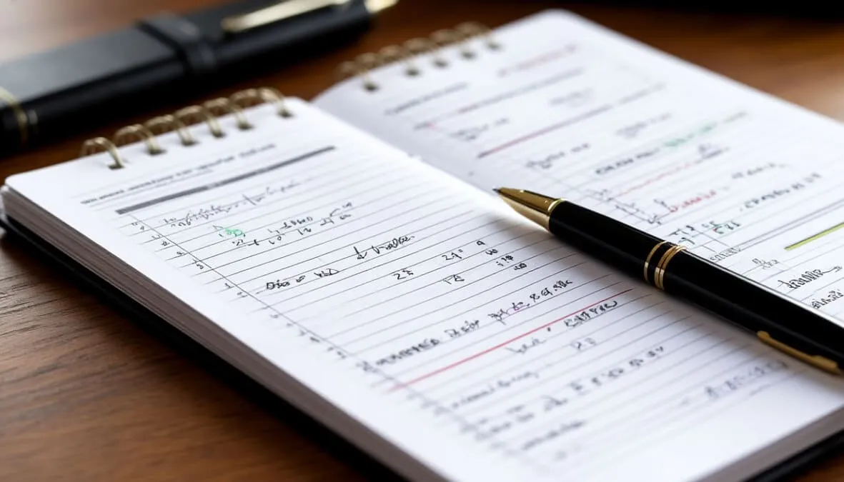 Cuaderno de registro de apuestas mostrando análisis sistemático y notas de mejora