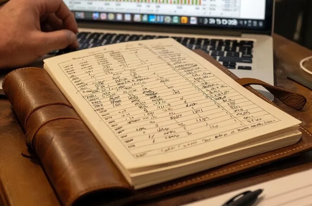 Cuaderno y ordenador con registros detallados de apuestas mostrando análisis de resultados a largo plazo