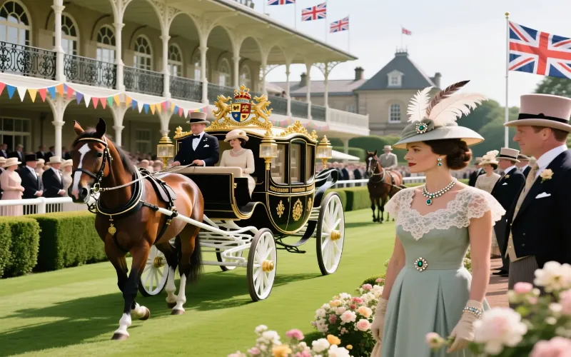 Royal Ascot con la procesión real en carruaje y espectadores elegantes con sombreros de copa