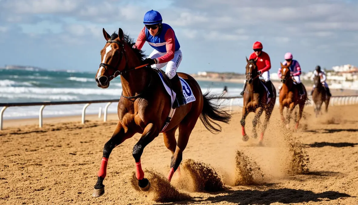 Caballo cruzando la meta en primer lugar durante las carreras de Sanlúcar con arena salpicando
