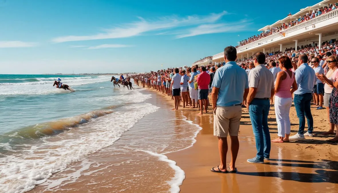 Multitud de espectadores observando las carreras desde la playa de Sanlúcar con los pies en el agua