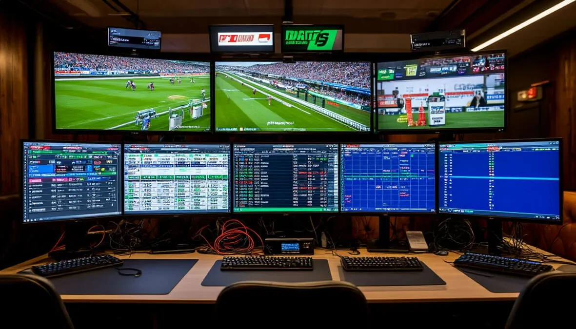 Configuración profesional de apostador con múltiples monitores, conexión rápida y herramientas de análisis