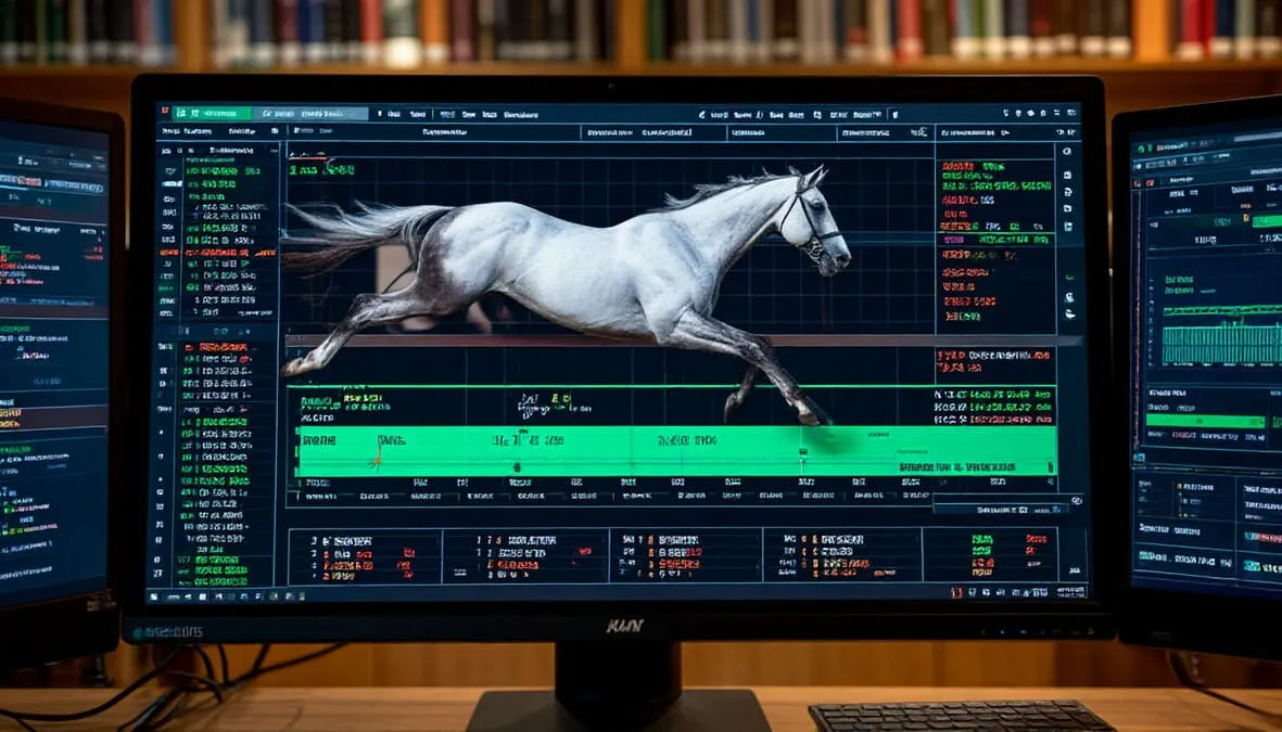 Pantalla de software de trading para apuestas hípicas mostrando ladder de precios y herramientas de análisis